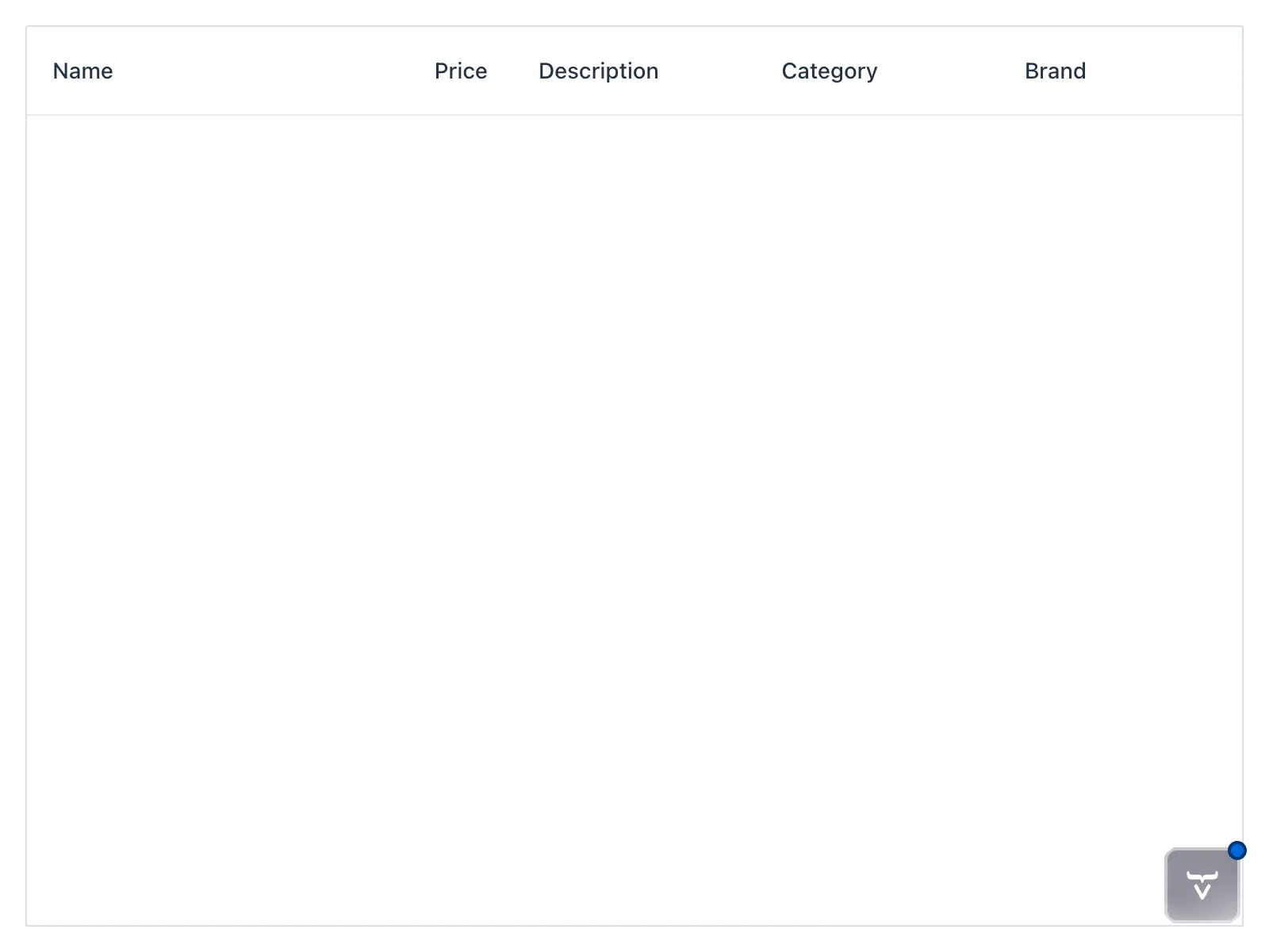 The product catalog view with an empty grid